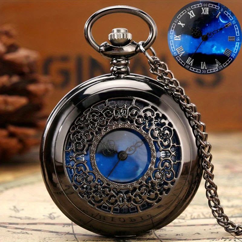 Starry Blue Dial Pendant Bronze Hollow Quartz Pocket Watch เลขโรมัน Retro Watch