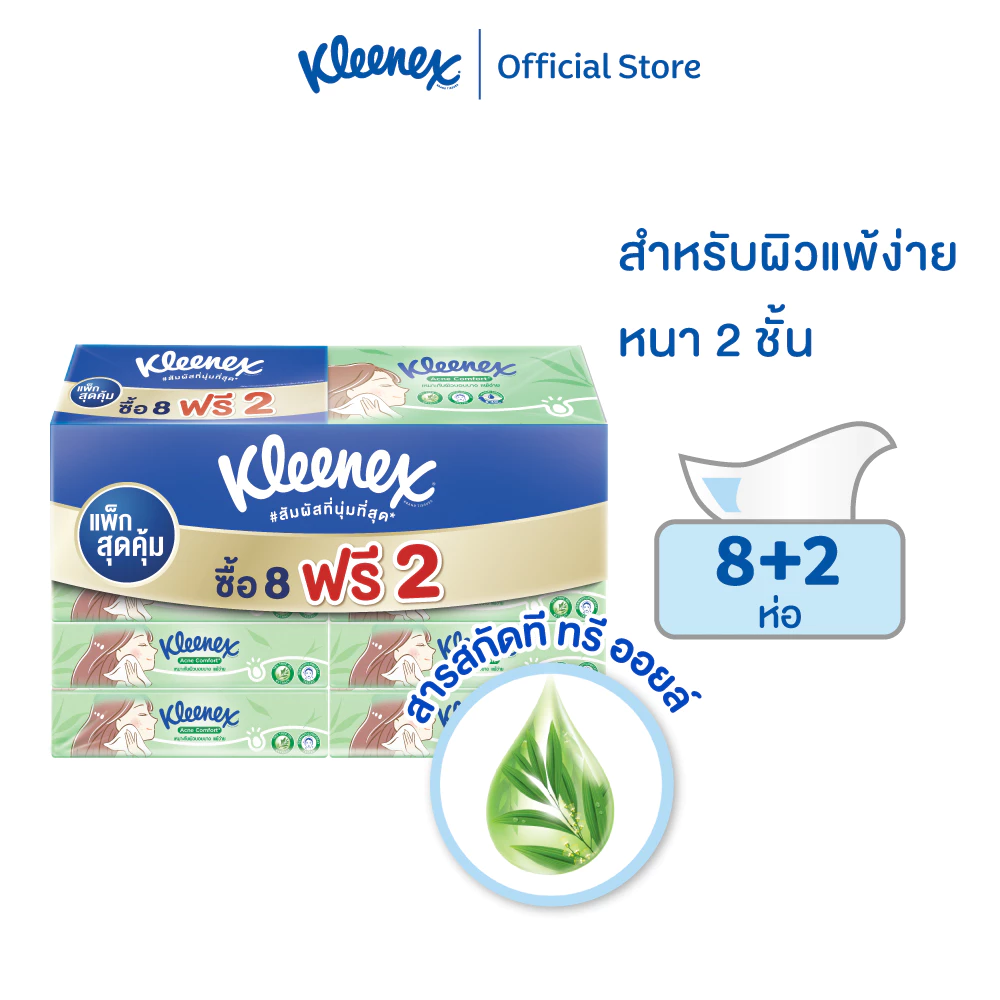 กระดาษเช็ดหน้าคลีเน็กซ์แอคแน่ คอมฟอร์ท ซอฟท์เคส แพ็ก 8 +2 ห่อ Kleenex® Acne Comfort Soft Box 80 sheets 8+2 thumbnail 3