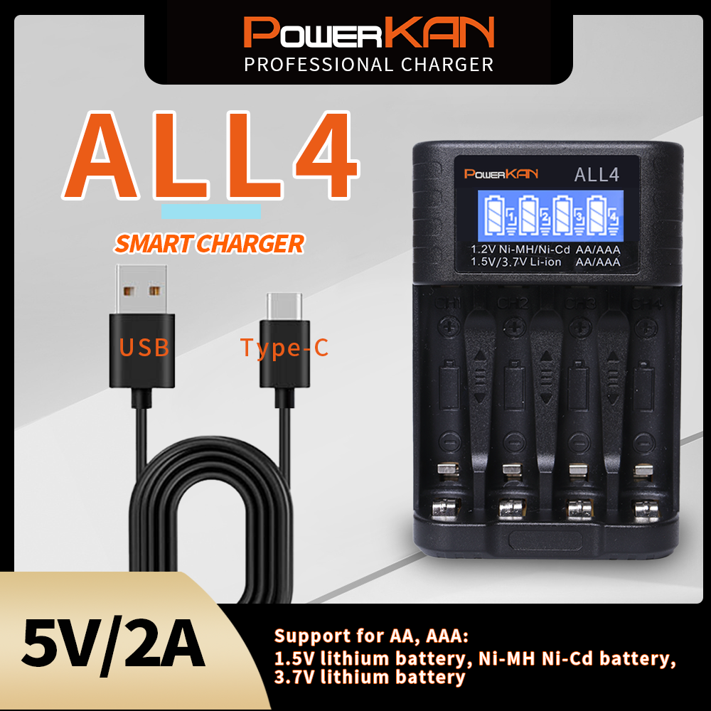 Powerkan ALL4 เครื่องชาร์จแบตเตอรี่,ถือ 1-4 AA-R06/AAA-R03 แบตเตอรี่ชาร์จ,เหมาะสําหรับ 1.2V Ni-MH/Ni-CD และ 1.5V/3.7V Li-ion AA AAA แบตเตอรี่ชาร์จเครื่องชาร์จอัจฉริยะ