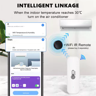 เซ็นเซอร์วัดความชื้นและอุณหภูมิ WiFi สําหรับใช้งานในร่ม ด้วยแอปพลิเคชันสําหรับการติดตามพลังงานจากแบตเตอรี่ รองรับการควบคุมด้วยเสียงผ่าน Alexa และ Google Home
