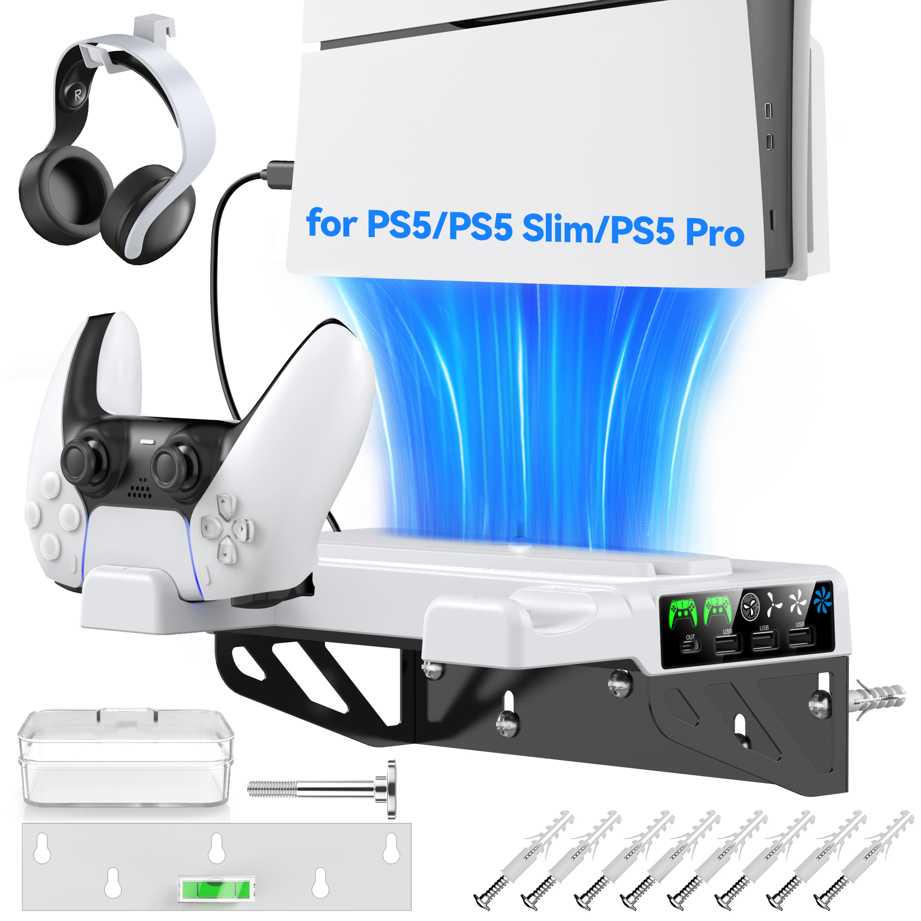 ชุดติดผนังสําหรับ PS5 PRO/PS5 Slim/PS5 Console-แท่นชาร์จคู่เข้ากันได้กับอุปกรณ์เสริม Playstation 5 (