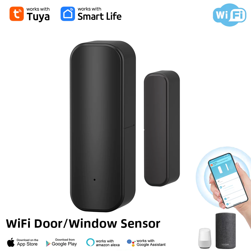 Wifi ประตูสวิทช์ปิดเครื่องตรวจจับ Tuya Window Sensor และ Application การแจ้งเตือนนาฬิกาปลุก Contact Sensor สําหรับ Home Safety สีดํา