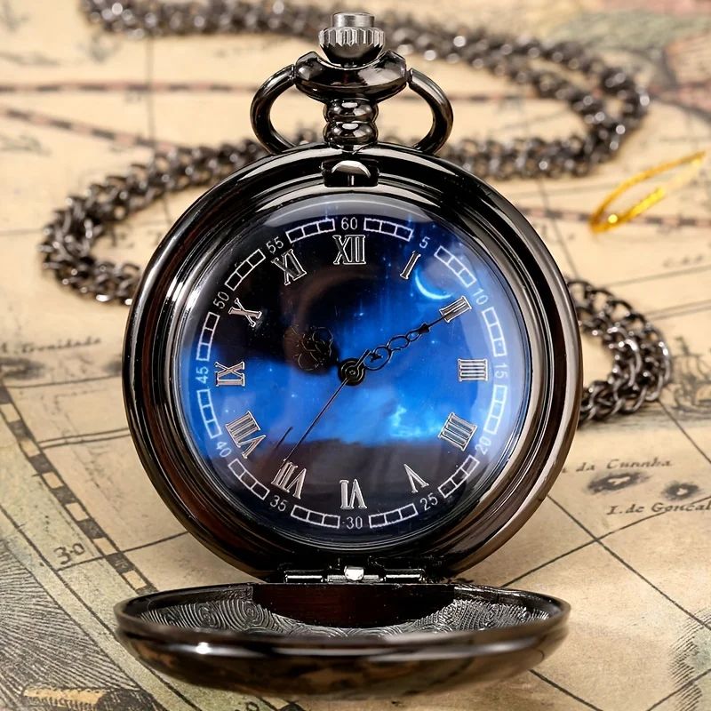 Starry Blue Dial Pendant Bronze Hollow Quartz Pocket Watch เลขโรมัน Retro Watch