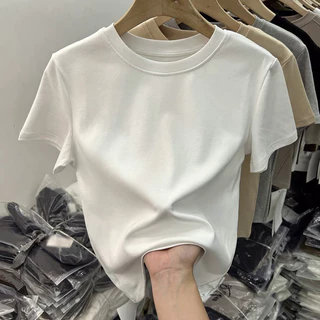 40S 92% ผ้าฝ้าย 8% Spandex Modal เสื้อยืดแขนสั้น Slim Fit ความยืดหยุ่นสูงธรรมดาผู้หญิงสีขาวด้านบน