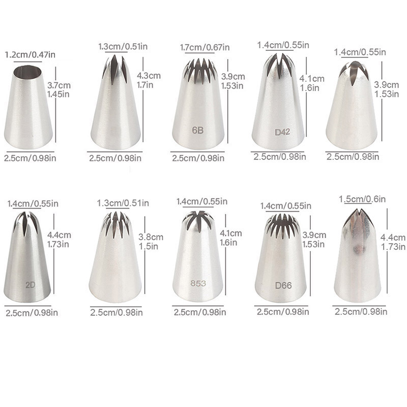 หัวฉีดตกแต่งขนาดกลาง10ชิ้นชุดรวมกันสแตนเลสเครื่องมืออบตกแต่ง6ฟัน8ฟันกุหลาบรอบครีมถ้วยกระดาษเค้กบีบหัวฉีด