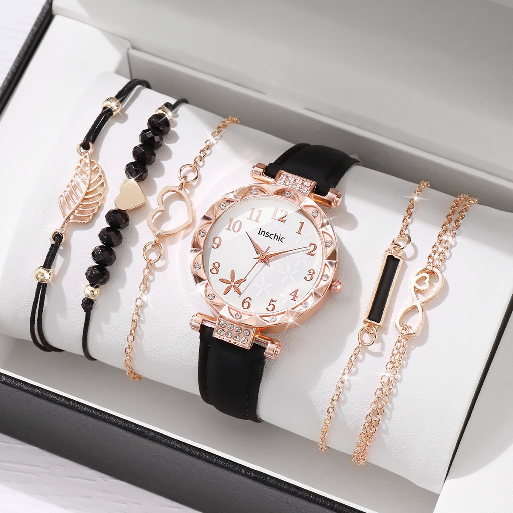 แฟชั่นดอกไม้ Dial ผู้หญิงนาฬิกา Casual สายหนังควอตซ์นาฬิกาชุดเครื่องประดับ (พร้อมกล่องไม่มี)