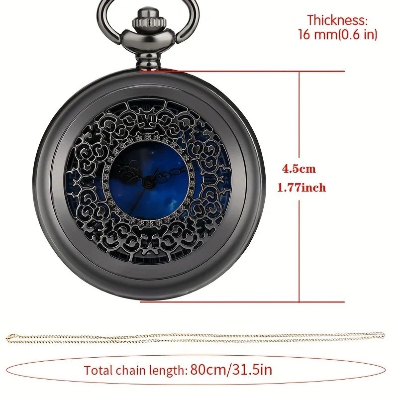 Starry Blue Dial Pendant Bronze Hollow Quartz Pocket Watch เลขโรมัน Retro Watch
