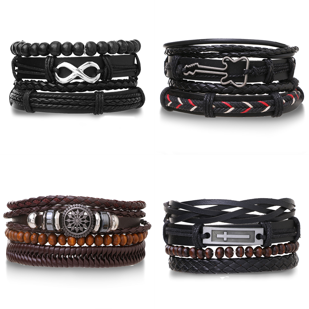 สร ้ อยข ้ อมือหนังถักหลายชั ้ นย ้ อนยุคที ่ ถอดออกได ้ เครื ่ องประดับปรับได ้ หลากหลายสไตล ์ มีให ้ เลือก