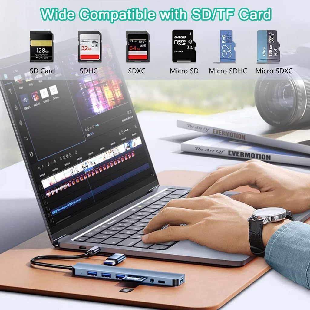8 In 2 7 In 2 USB/Type C ถึง USB3.0 SD TF 3.5 มม.PD HUB พร้อม USB C Card Reader OTG สําหรับ PC แล็ปท็อป