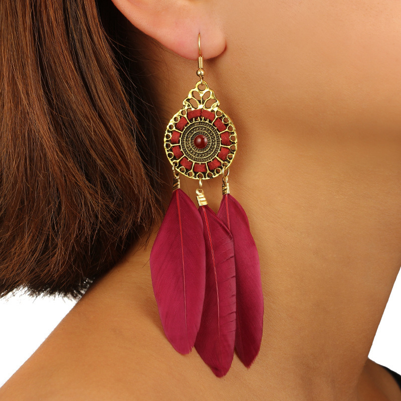 Niche Design Ear Hook วรรณกรรมชาติพันธุ์สไตล์โบฮีเมียน Retro Palace ยาวพู่ Feather ต่างหู