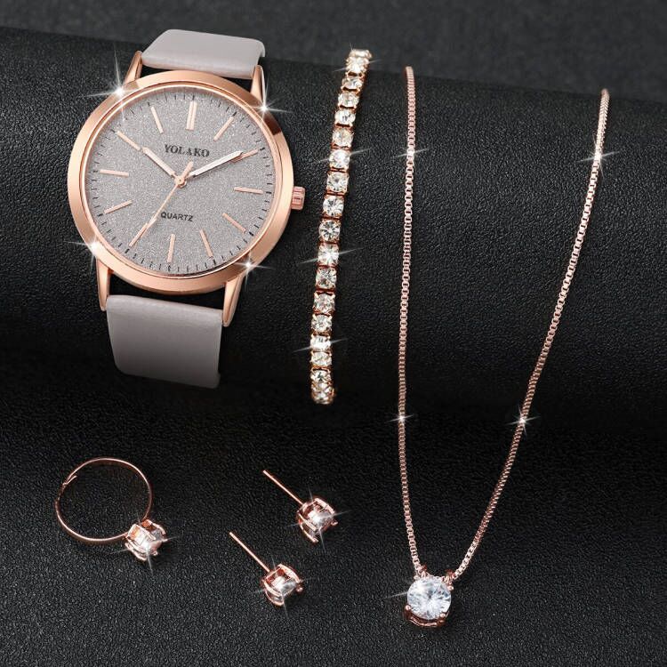 6 ชิ้น/เซ็ตนาฬิกาผู้หญิงแฟชั่น Matte Dial นาฬิกาควอตซ์หนังนาฬิกาข้อมือเพชรชุดเครื่องประดับ (ไม่มีกล่อง)