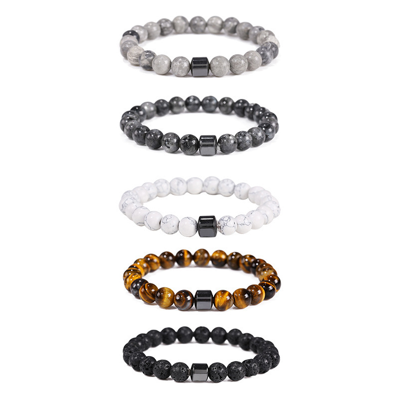 Minimalist Niche Design 8 มม.สร้อยข้อมือสีขาว Turquoise Black Onyx Lava Stone & Map Stone สําหรับผู้ชาย