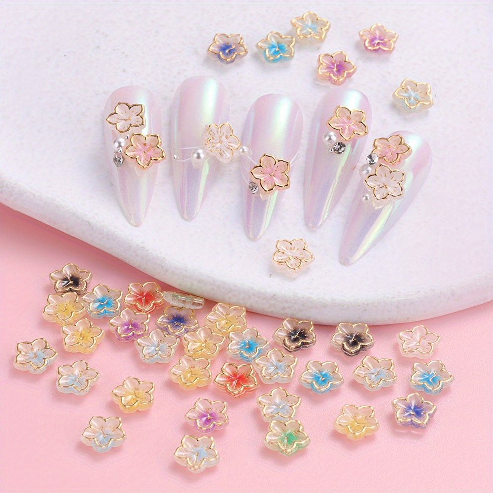 30ชิ้น3ง ที่มีสีสันอะคริลิดอกไม้เล็บเสน่ห์ผสมดอกซากุระนาฬิกาตกแต่งเล็บขอบทองเรซิ่นเคลือบกลีบดอกไม้ ทําเอง เครื่องประดับเล็บอุปกรณ์