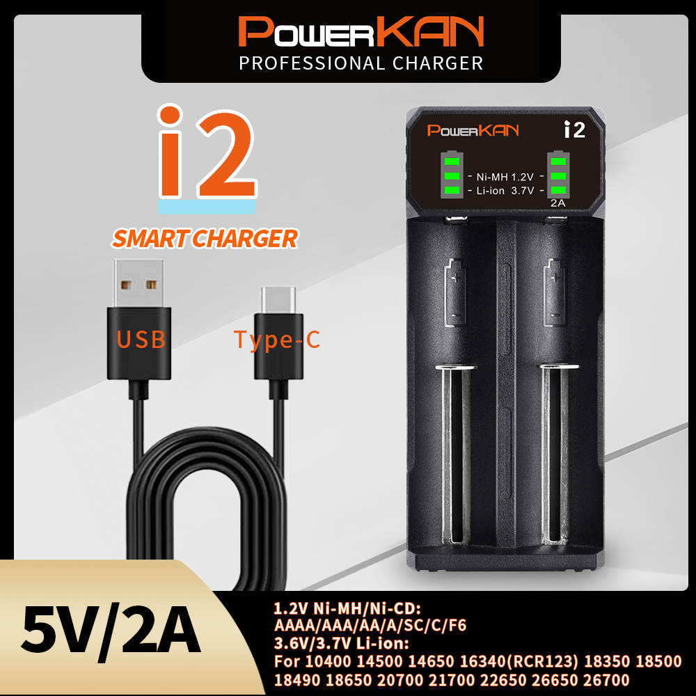 Powerkan i2 เครื่องชาร์จแบตเตอรี่พร้อมจอแสดงผล LED สําหรับ 2 แบตเตอรี่ Li-Ion 3.7V และ 1.2V Ni-MH Cd AA AAA No.5 No.7 แบตเตอรี่ชาร์จ