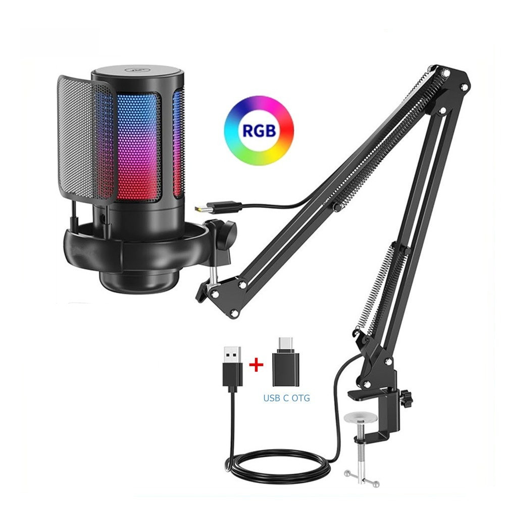 ไมโครโฟนคอนเดนเซอร์ USB แบบมีสาย RGB PC ไมโครโฟนสําหรับเล่นเกมพร้อมแขนบูมสําหรับ Mac/PS4/PS5 พร้อม Touch Mute สําหรับสตรีมมิ่ง Podcasting YouTube