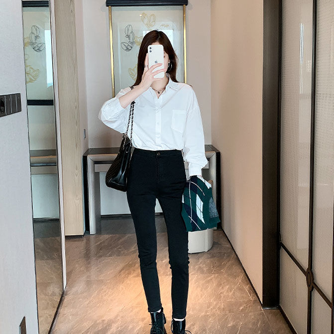 เสื้อเชิ้ตสีขาวผู้หญิงเวอร์ชั่นเกาหลีอเนกประสงค์ลําลองแขนยาวด้านบน