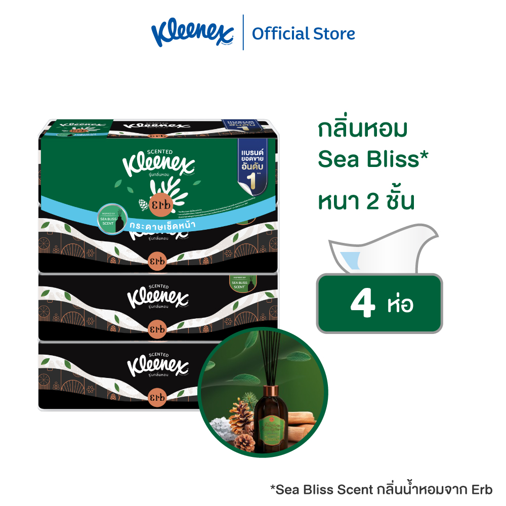 คลีเน็กซ์ กระดาษเช็ดหน้าหนา2ชั้น เซนส์ x เอิบ 106แผ่น แพ็ค4ห่อ Kleenex Facial Tissue(2Ply) Scented x ERB Soft Case Pack4