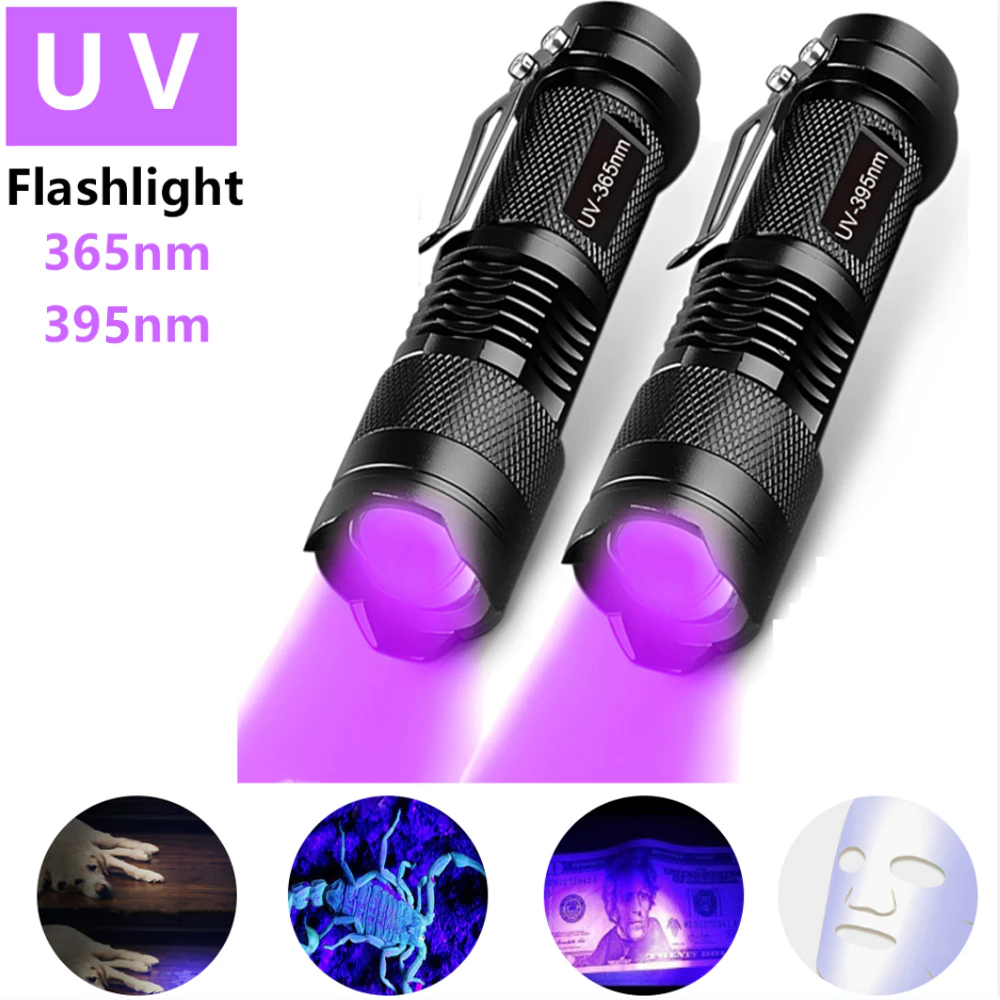 ไฟฉาย UV สีม่วง 365NM/395NM อลูมิเนียมอัลลอย ตรวจสอบเงินสด แสงฟลูออเรสเซนซ์ ไฟฉาย UV ไฟฟ้าสกอร์เปียน ไฟสีม่วง