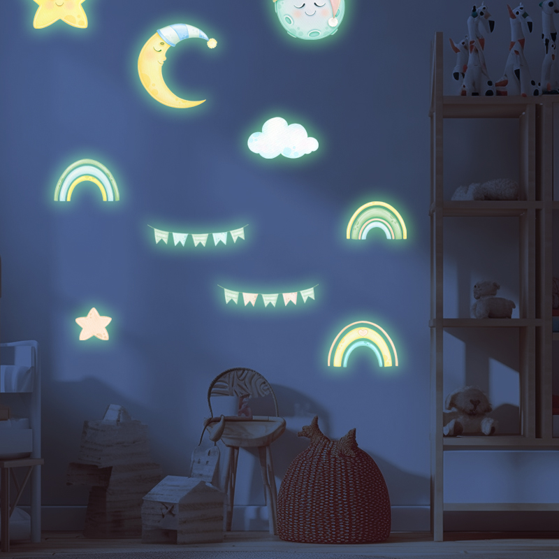 เรืองแสงใน Dark Wall Decals Luminous Moon ดาวสติกเกอร์สัตว์เล็ก Self กาวสติ๊กเกอร์ติดผนังสําหรับสาวเด็กทารกห้องนอนเนอสเซอรี่ Wall Decor ของขวัญคริสต์มาส