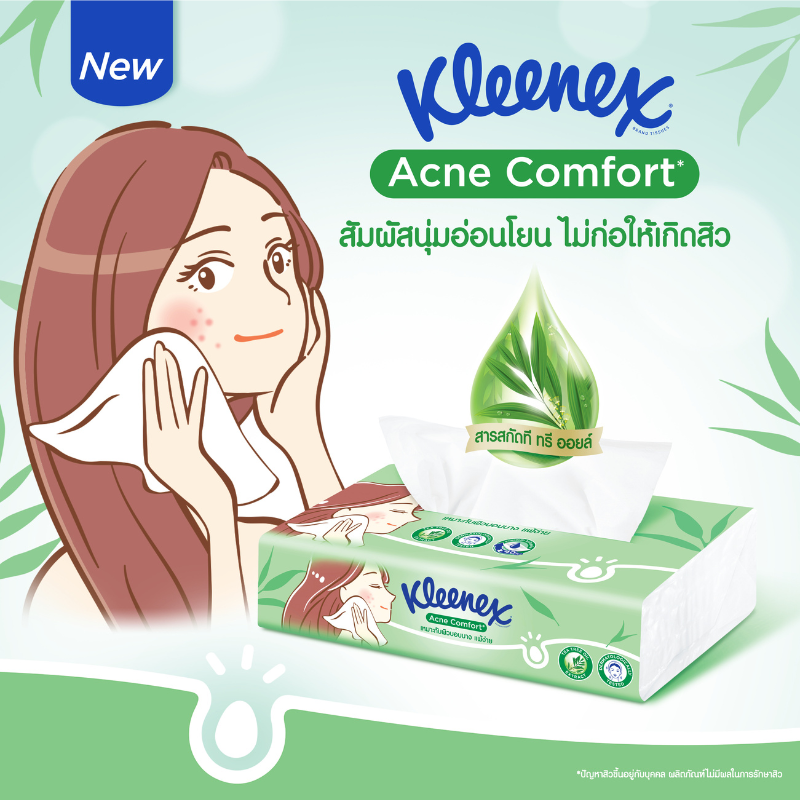 กระดาษเช็ดหน้าคลีเน็กซ์แอคแน่ คอมฟอร์ท ซอฟท์เคส แพ็ก 8 +2 ห่อ Kleenex® Acne Comfort Soft Box 80 sheets 8+2 - ภาพย่อย 2