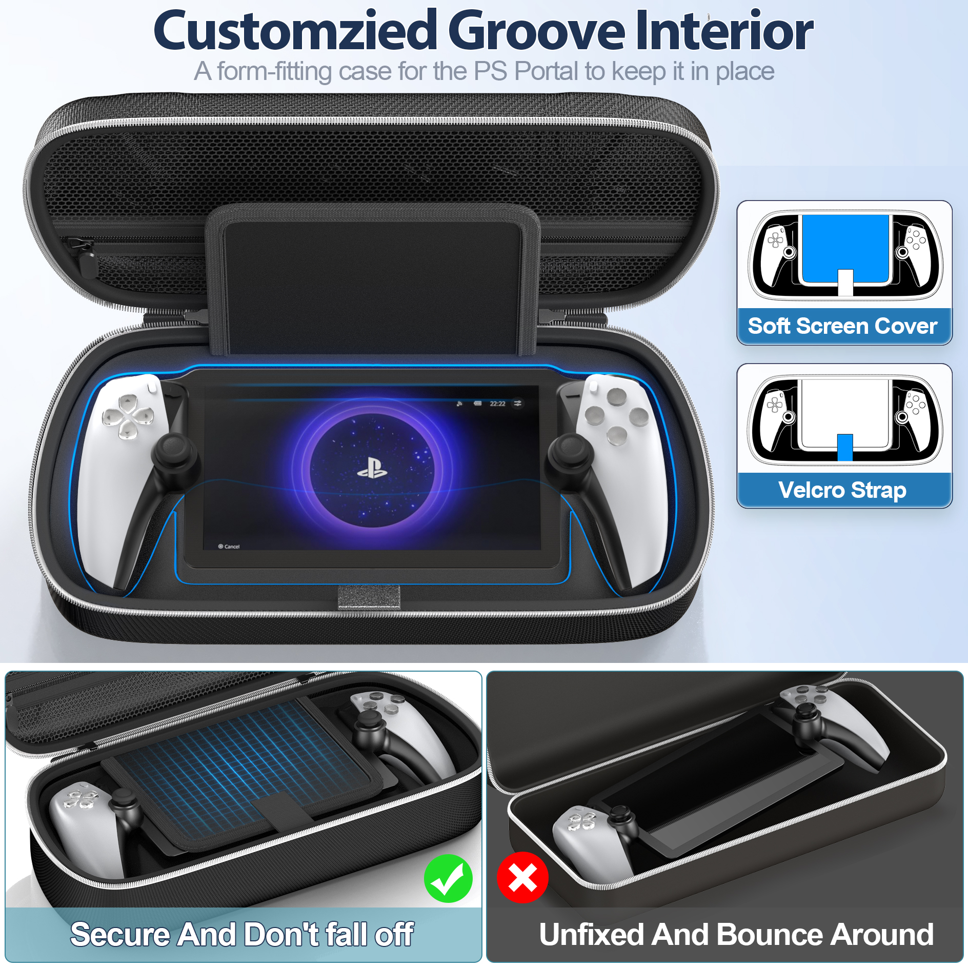 เคสแข็งสําหรับ PlayStation Portal Remote Player, กระเป๋าเดินทาง PS Portal พร้อมซิปกระเป๋าเพื่อเก็บอุปกรณ์เสริม PS Portal, เคสพกพา PS Portal ที่มีร่องตัดเฉพาะ, สีดํา - รูปที่ 2