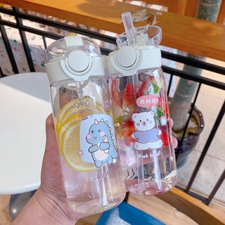 ขวดน้ํา Mini Kawaii ขนาด 400 มล. กระติกน้ําเด็กปิดผนึกสิ่งแวดล้อมพร้อมฝาปิดและขวดน้ําสําหรับเดินทางฟาง