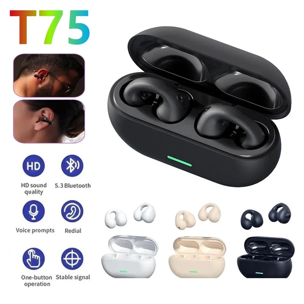 ใหม่บลูทูธ 5.3 ไร้สาย Bone Conduction หูฟัง T75 คลิปหูเพลงชุดหูฟังตัดเสียงรบกวน HD Call กีฬาหูฟังสําหรับเล่นเกม