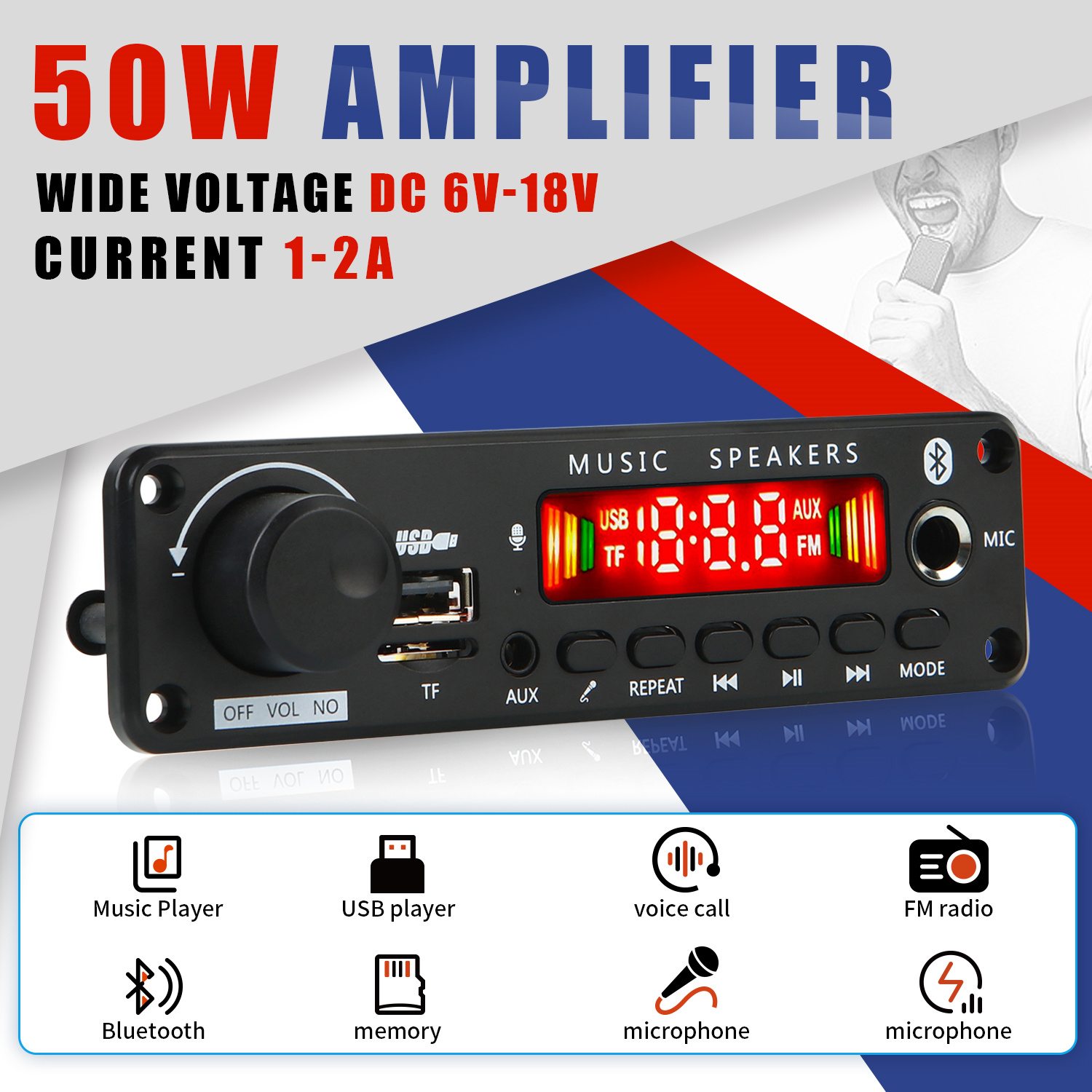 2*25w เครื่องขยายเสียง MP3 เครื่องเล่นถอดรหัส 18V บลูทูธ 5.0 50W เครื่องขยายเสียงรถวิทยุ FM โมดูลสนับสนุน TF USB AUX