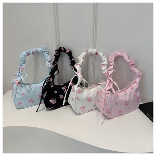 Unique Wrinkled Drawstring Floral Handbag Stylish Versatile Shoulder Underarm Purse Bag For Women