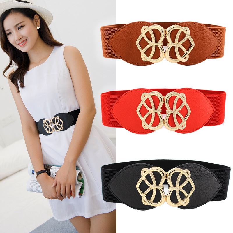 สุภาพสตรี Bright Gold Heart Buckle Elastic Belt Dress แฟชั่น All-Match Wide Girdle