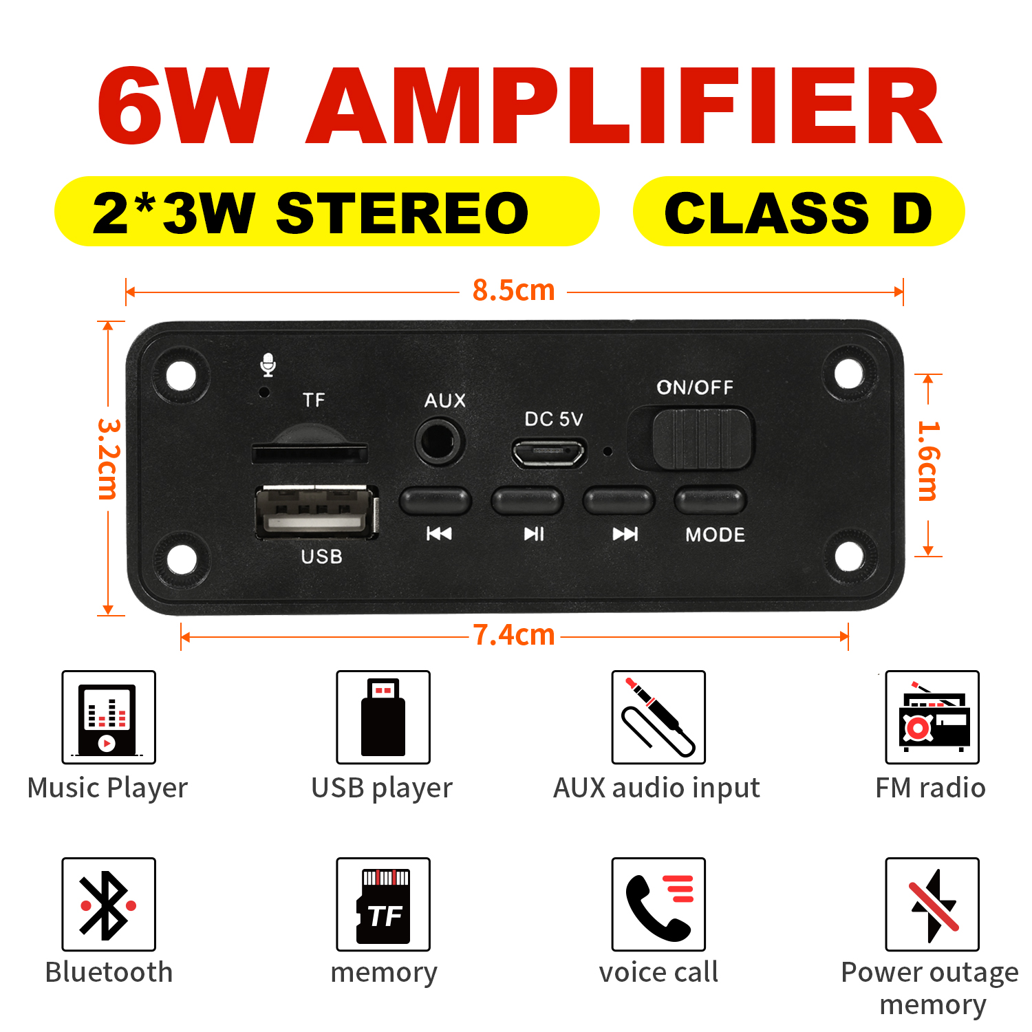 3.7-5V บลูทูธ 5.0 MP3 บอร์ด 6W เครื่องขยายเสียง USB TF FM และแจ็ค 3.5 มม.สําหรับโมดูลลําโพงรถยนต์
