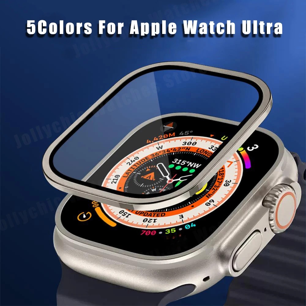 กันชนโลหะ + กระจกนิรภัยสําหรับ Apple Watch Ultra 2 49 มม.อุปกรณ์เสริมป้องกันหน้าจอ Anti-Scratch HD ฟิล์มเต็ม iWatch Ultra2 49