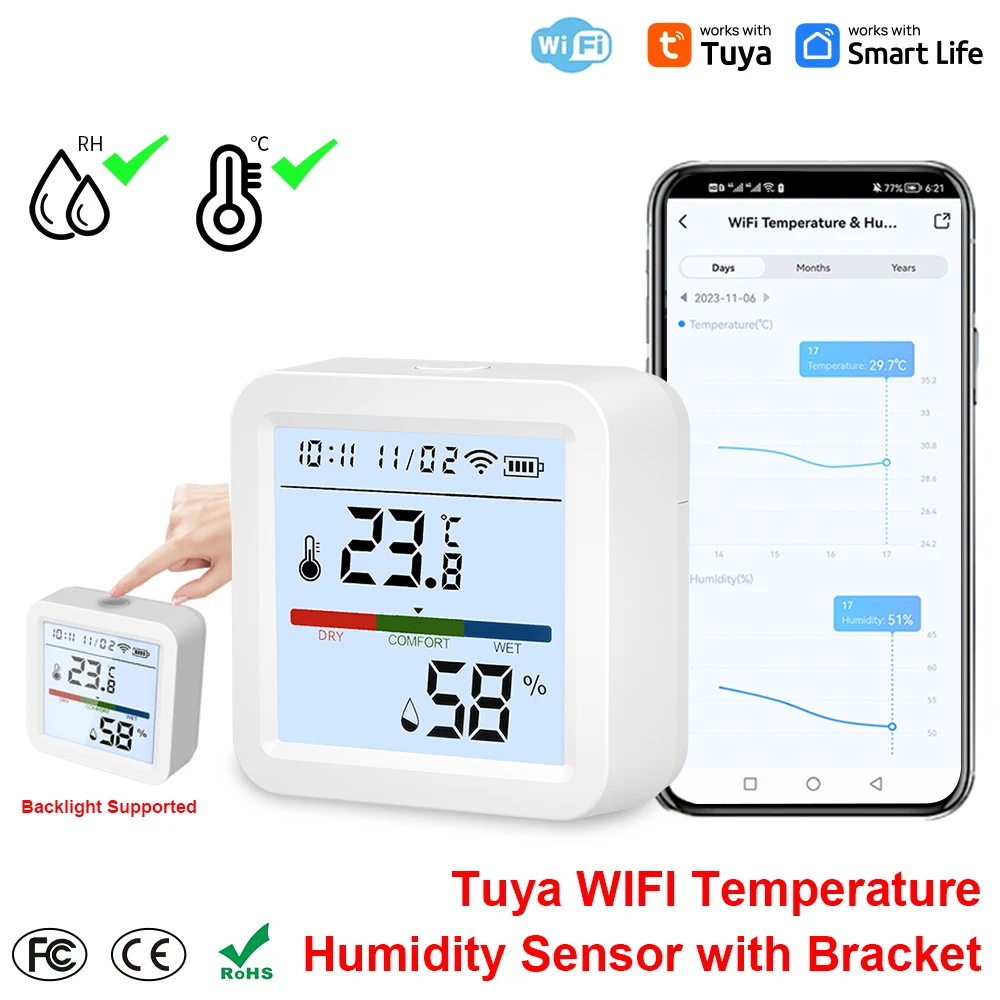 Tuya WIFI เซ็นเซอร์อุณหภูมิความชื้นเครื่องวัดความชื้นเครื่องวัดอุณหภูมิสมาร์ท Home Backlight Smart Life สนับสนุน Alexa Assistant