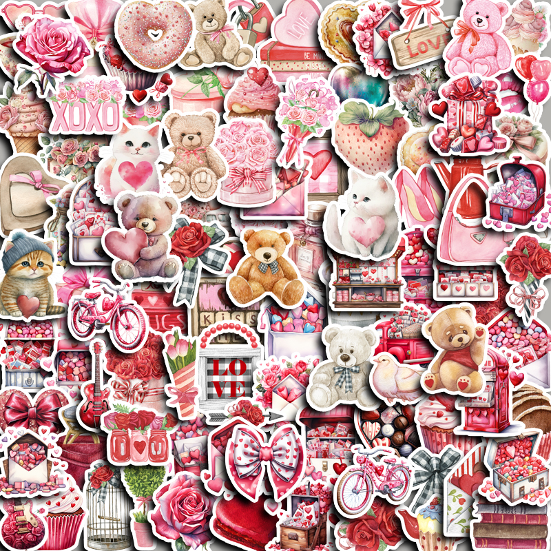 100 สติ๊กเกอร์ สีชมพู ชุด สติ๊กเกอร์ตกแต่งวันวาเลนไทน์ คู่มือ โน๊ตบุ๊ค เคสโทรศัพท์ สติ๊กเกอร์ตกแต่ง