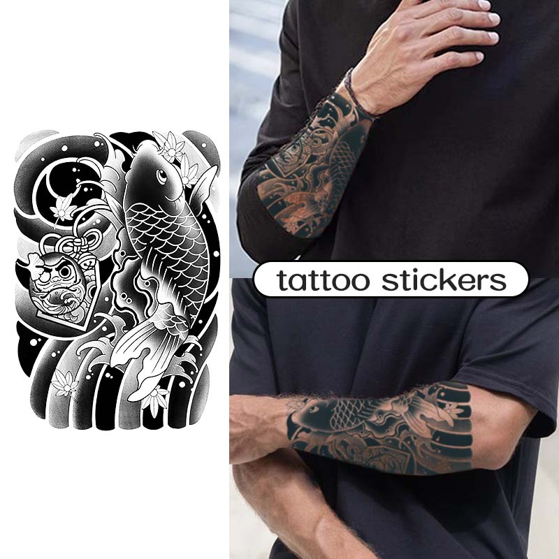 Koi Daruma รอยสักชั่วคราวกันน้ํา Sakura Wave Arm Body Art สําหรับผู้หญิงผู้ชาย 1 ถึง 2 สัปดาห์สวมใส่ Faux Tattoo