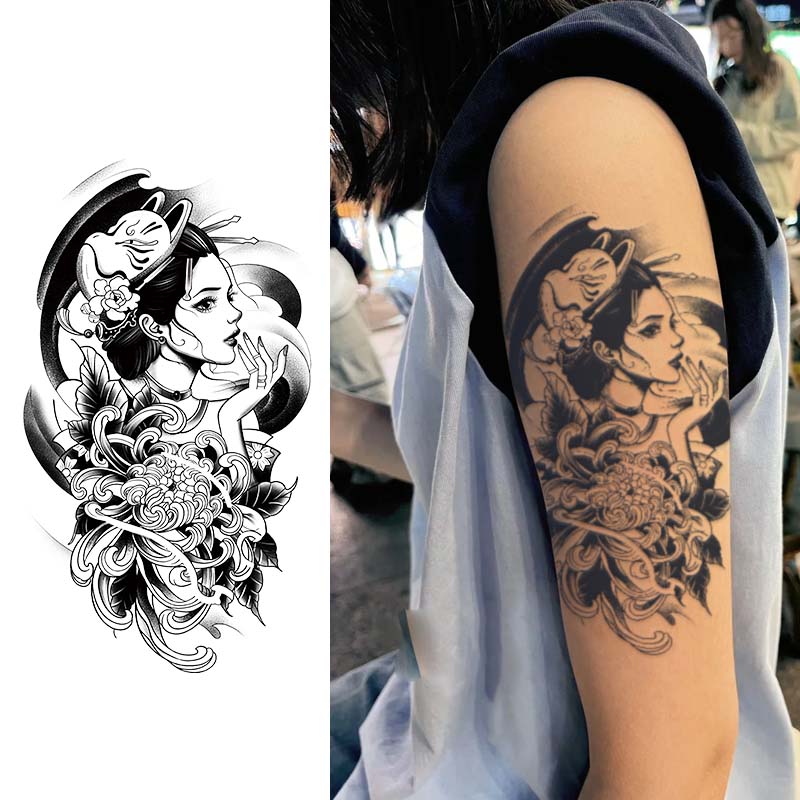 หน้ากากเกอิชาฟ็อกซ์ดอกไม้ธรรมดากันน้ํายาวนานหนึ่งสัปดาห์ถึงสองสัปดาห์สติกเกอร์รอยสักกึ่งถาวรสักสีสติกเกอร์รอยสักชั่วคราวเหมาะสําหรับหญิงแขนท้องสักปลอ