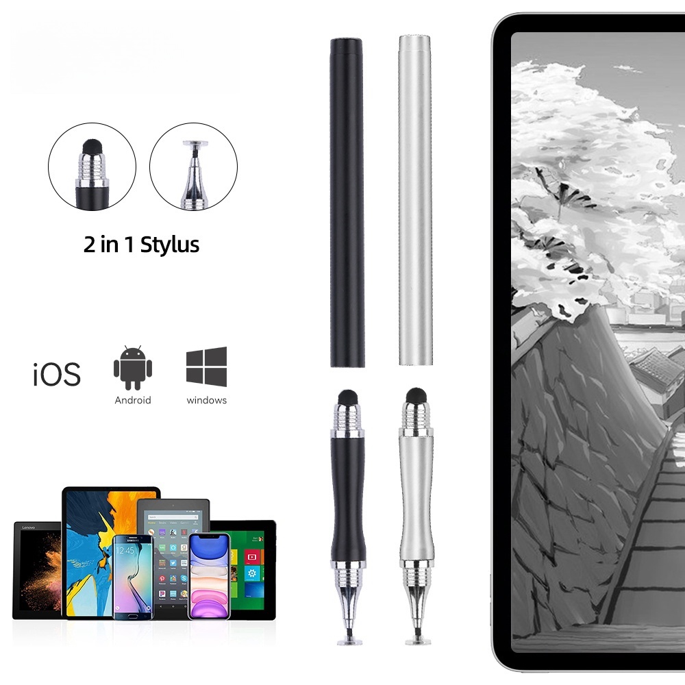 2 in 1 ปากกาสไตลัสสําหรับแท็บเล็ตการวาดภาพสากลหน้าจอสัมผัสแบบ Capacitive สําหรับแท็บเล็ตมือถือ Android IOS โทรศัพท์ iPad อุปกรณ์เสริม