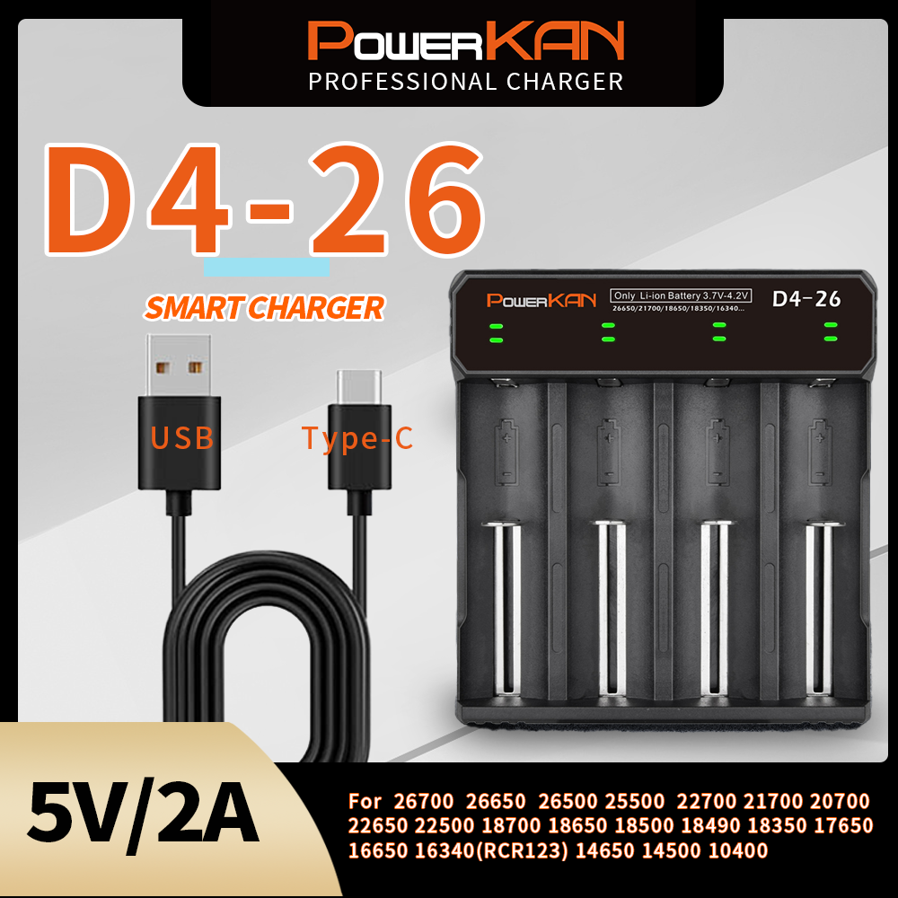 Powerkan D4-26 BatteryCharger จอแสดงผล LED สําหรับ 4 3.7V 4.2V แบตเตอรี่ Li-ion เข้ากันได้กับ18650 14500 26650 21700.แบตเตอรี่ลิเธียมไอออน