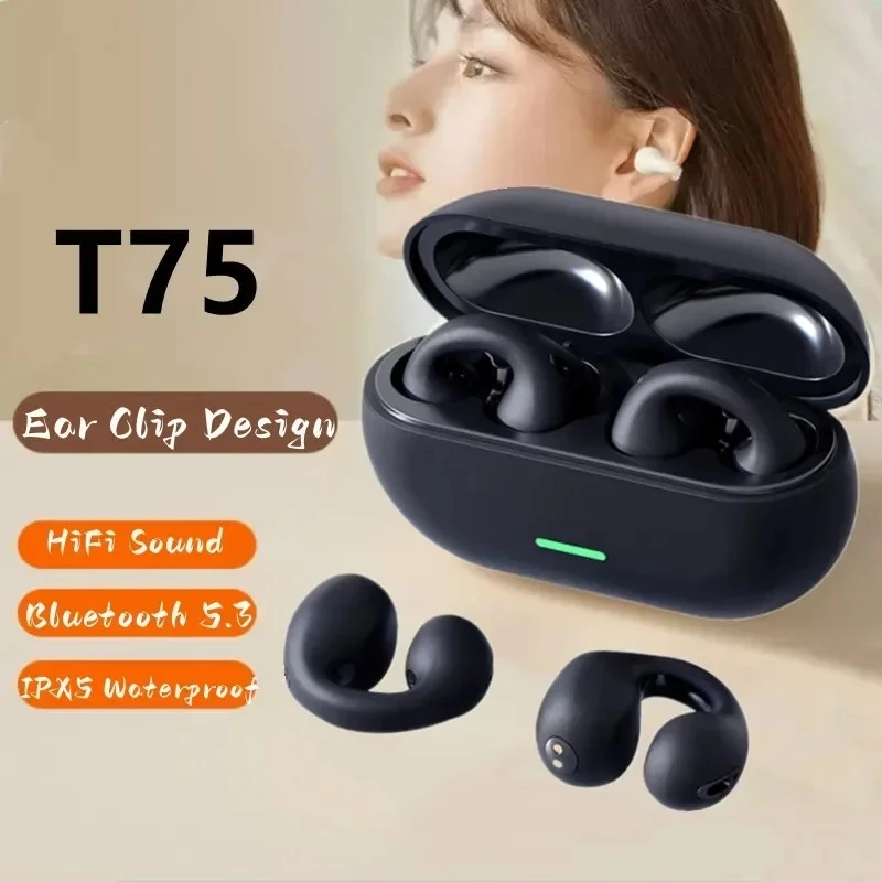 ที75หูฟังเล่นเกมคลิปหูบลูทูธ5.3หูฟังไร้สายเพลงชุดหูฟังตัดเสียงรบกวน ความละเอียดสูง โทรกีฬาวิ่ง