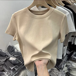 40S 92% ผ้าฝ้าย 8% Spandex Modal เสื้อยืดแขนสั้น Slim Fit ความยืดหยุ่นสูงธรรมดาผู้หญิงสีขาวด้านบน