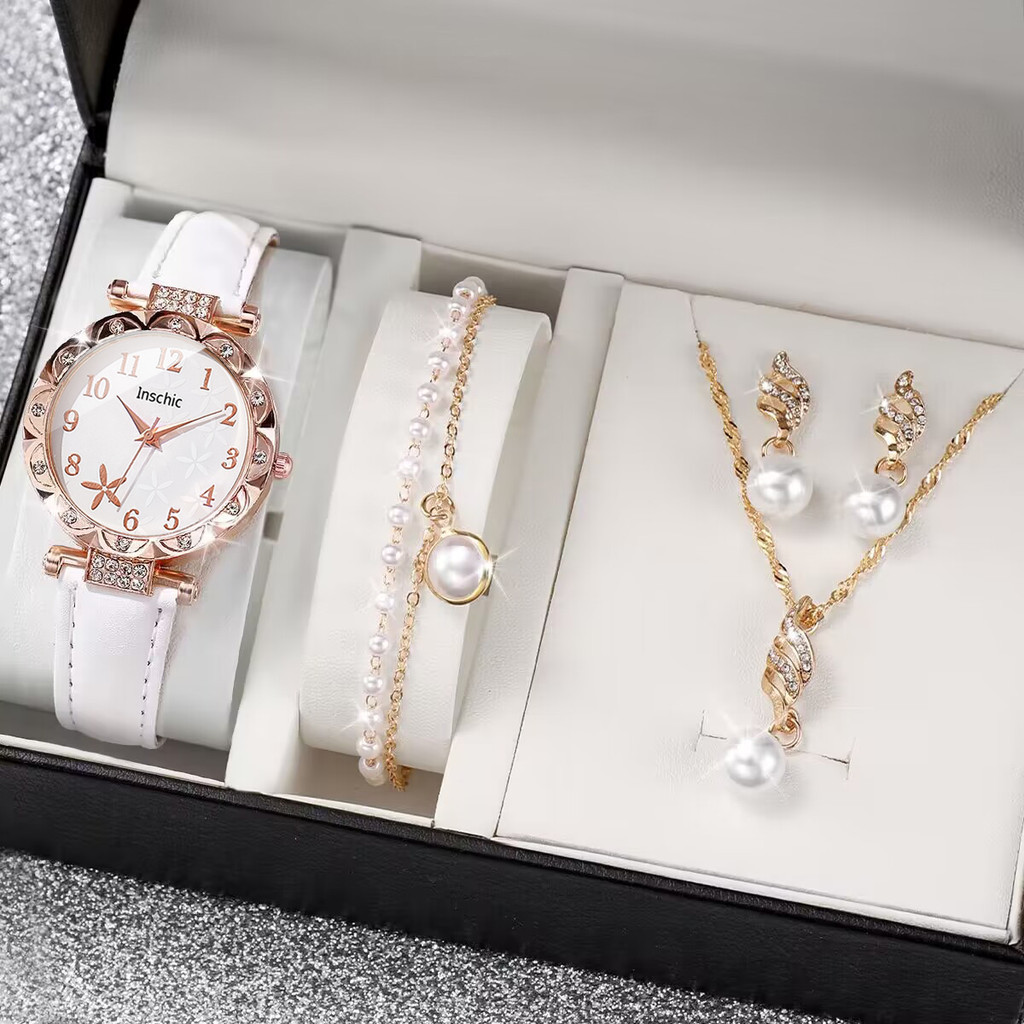 แฟชั่นดอกไม้ Dial ผู้หญิงนาฬิกา Casual สายหนังควอตซ์นาฬิกาชุดเครื่องประดับ (พร้อมกล่องไม่มี)