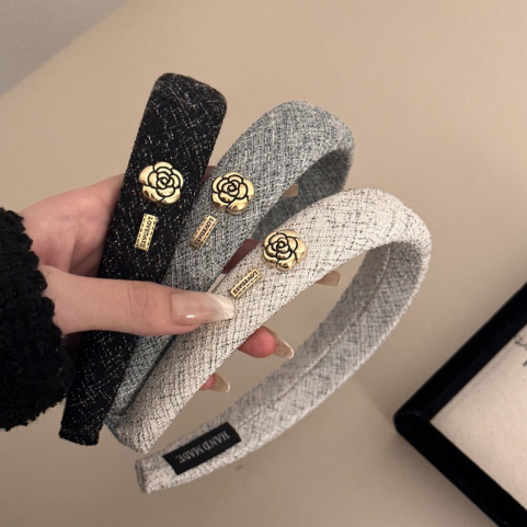Retro Camellia แถบคาดศีรษะ Gold Line ฟองน้ําแถบคาดศีรษะผู้หญิงฤดูใบไม้ร่วงฤดูหนาวสไตล์ใหม่แถบคาดศีรษะสูง All-Match เครื่องประดับผม