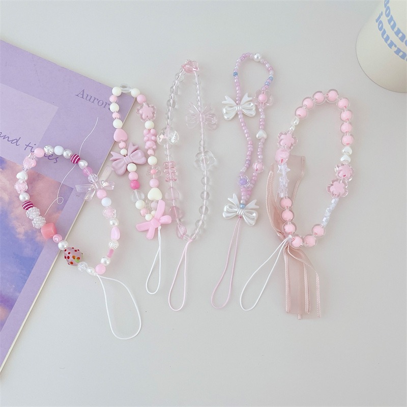 สาวใหม ่ สีชมพูโทรศัพท ์ มือถือโซ ่ สดและหวาน Handmade ลูกปัดโทรศัพท ์ มือถือ Lanyard Love Bow โทรศัพท ์ มือถือกรณี Charm
