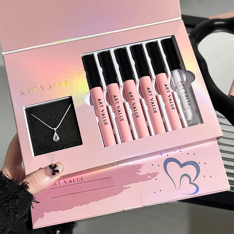 Artvalue Rejuvenating สีสีขาวแต่งหน้าติดทนนานสีดําสีชมพู Love Letter Lip ชุดแต่งหน้ากล่องหกชิ้น Lip Mud Mirror Lip Glaze ชุด