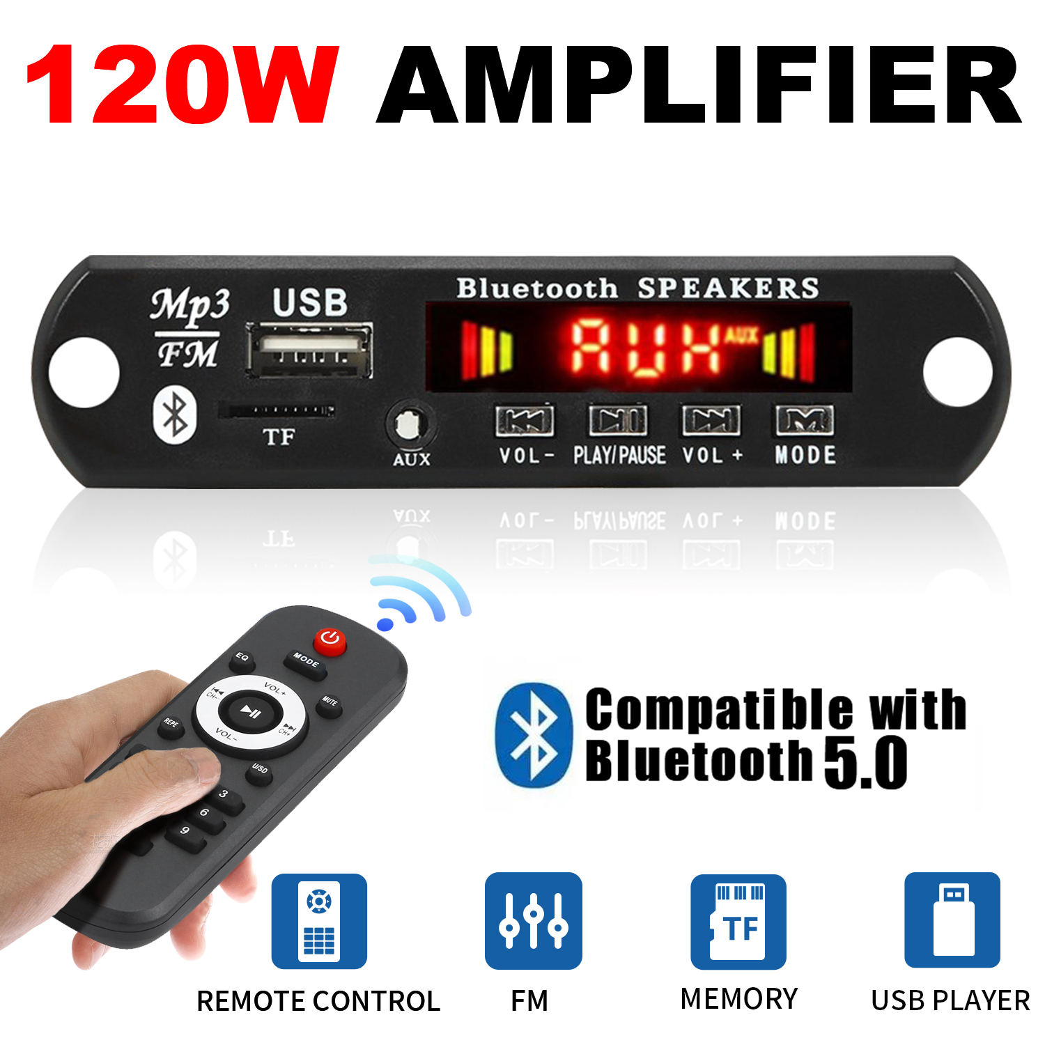 120W เครื่องขยายเสียงบลูทูธ 5.0 บอร์ดเครื่องเล่น 12V DIY MP3 เครื่องเล่นรถวิทยุ FM โมดูล TF USB Mic