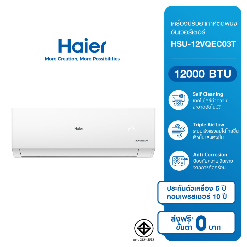 Haier เครื่องปรับอากาศอินเวอร์เตอร์ ขนาด 12000 BTU รุ่น HSU-12VQEC03T