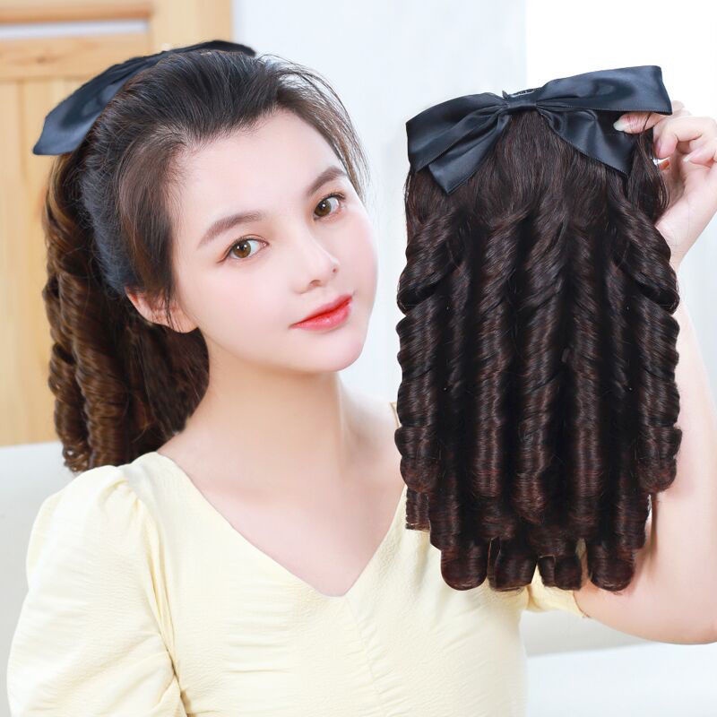 ผมหางม้าหยิกสังเคราะห์วิกผมโบว์เจ้าหญิงอุปกรณ์ผมผมหางม้าคลิปปลายผมธรรมชาติต่อผม