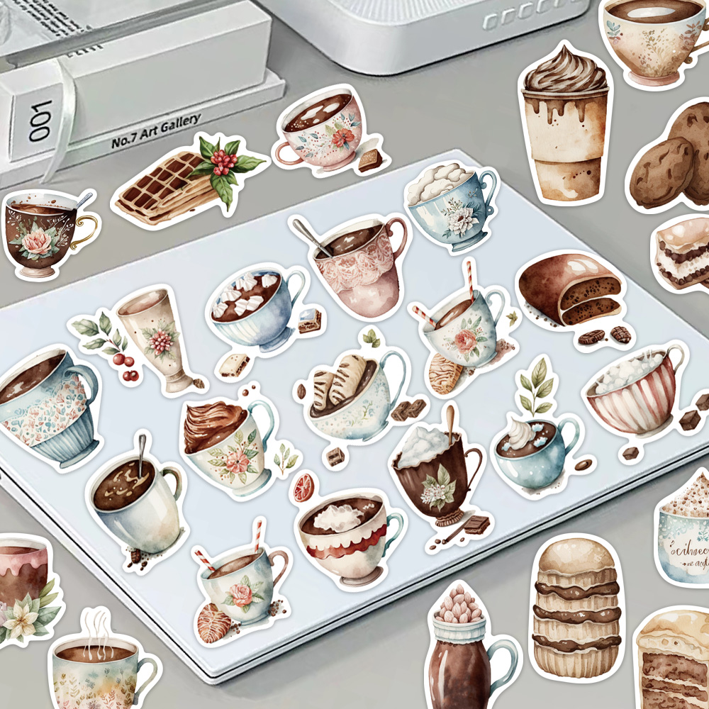 50ชิ้น กาแฟชายามบ่ายที่สวยงามสติกเกอร์การ์ตูนสร้างสรรค์บัญชีมือโทรศัพท์มือถือ ไอแพด ถ้วยสติกเกอร์กันน้ํา