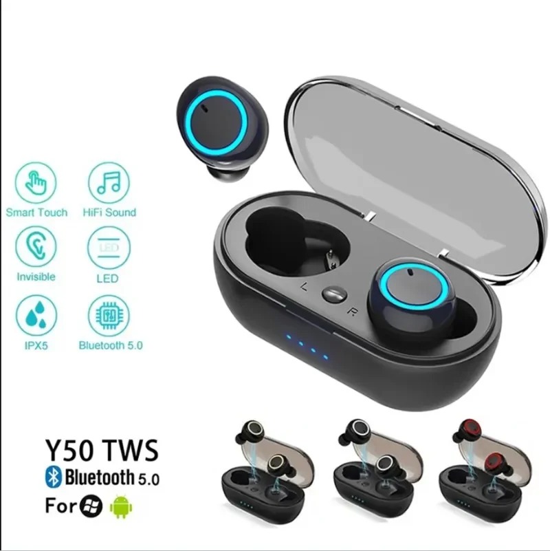 Y50 TWS ไร้สายบลูทูธ 5.0 หูฟัง Touch Control 9D ชุดหูฟังสเตอริโอพร้อมไมโครโฟนหูฟังกีฬาหูฟังกันน้ําจอแสดงผล LED