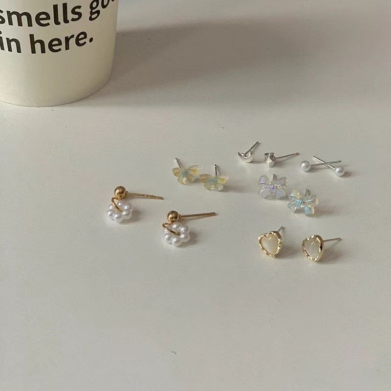 6 คู่/เซ็ต Simple Pearl Moon Bowknot Butterfly Stud ต่างหูชุด Heart Star ต่างหูสําหรับผู้หญิงอุปกรณ์เสริมเครื่องประดับ - รูปที่ 5